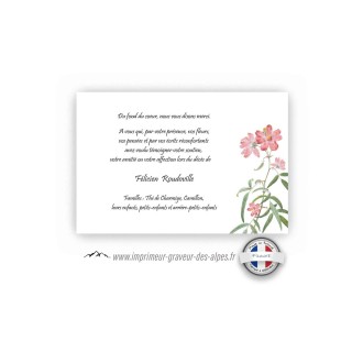 CARTE REMERCIEMENT DECES, fleurs rose blanche et VERDURE, www.imprimeur-graveur-des-alpes.fr