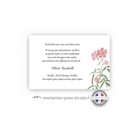 CARTE REMERCIEMENT DECES, fleurs rose blanche et VERDURE, www.imprimeur-graveur-des-alpes.fr
