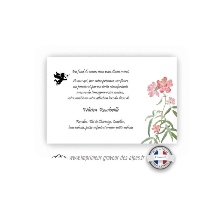 remerciement condoleance, fleur rose blanche branche de VERDURE, petit ange, www. imprimeur-graveur-des-alpes.fr