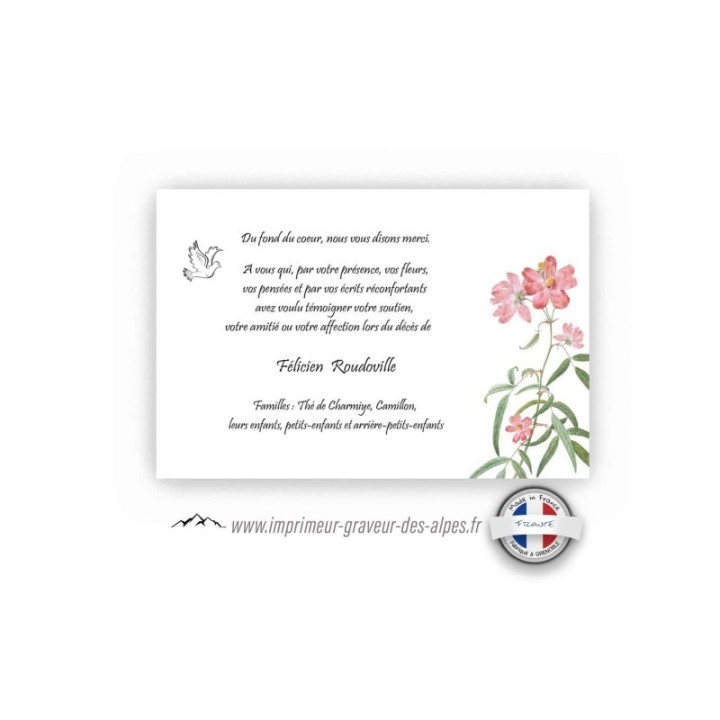 CARTE funeraire, fleur rose blanche branche de VERDURE, colombe, www. imprimeur-graveur-des-alpes.fr