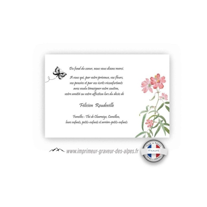 CARTE de deuil, fleur rose blanche et VERDURE, et papillon, www. imprimeur-graveur-des-alpes.fr