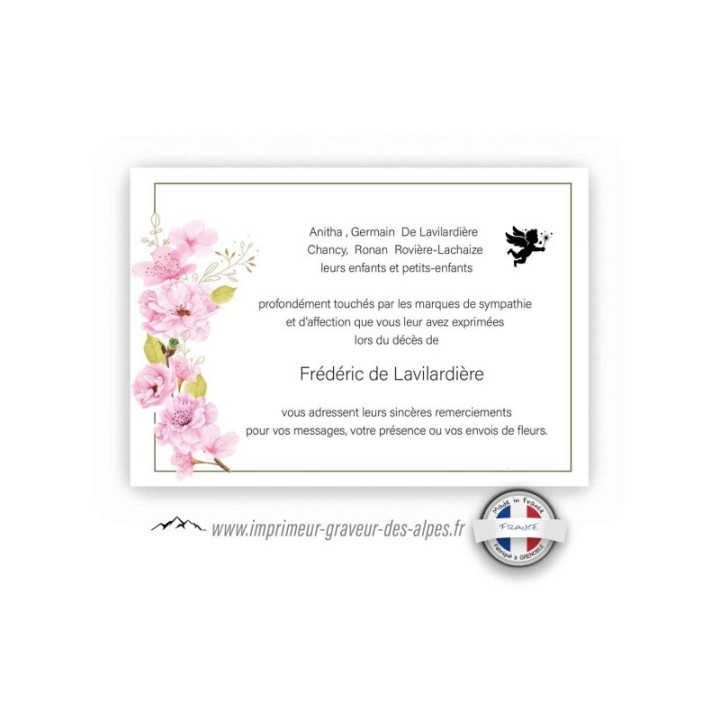 Carte DU DEFUNT PERSONNALISE FLEURS DE GRACE ET UN ANGE,  WWW.imprimeur-graveur-des-alpes.fr
