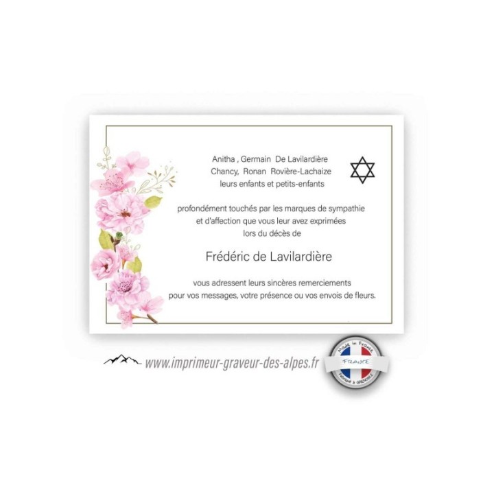 Carte FUNERAIRE décès FLEURS DE GRACE ET SIGNE HEBREU JUIF, WWW.imprimeur-graveur-des-alpes.fr
