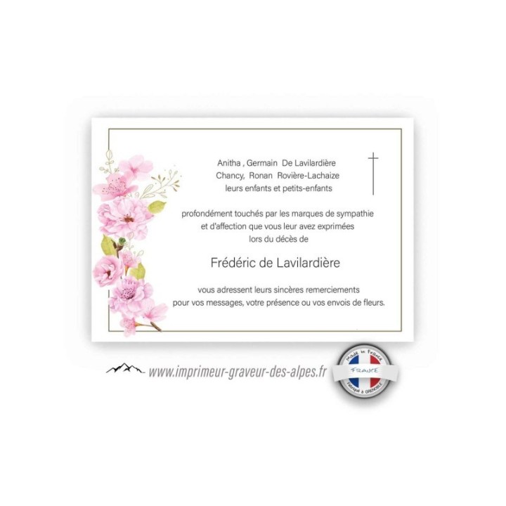 Carte remerciements CONDOLEANCE FLEURS DE GRACE ET CROIX CATHOLIQUE,  WWW.imprimeur-graveur-des-alpes.fr