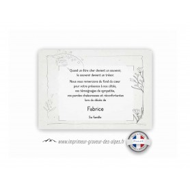 CARTE REMERCIEMENT DECES personnalisée fleur MALLYS pour CONDOLEANCES, www.imprimeur-graveur-des-alpes.fr
