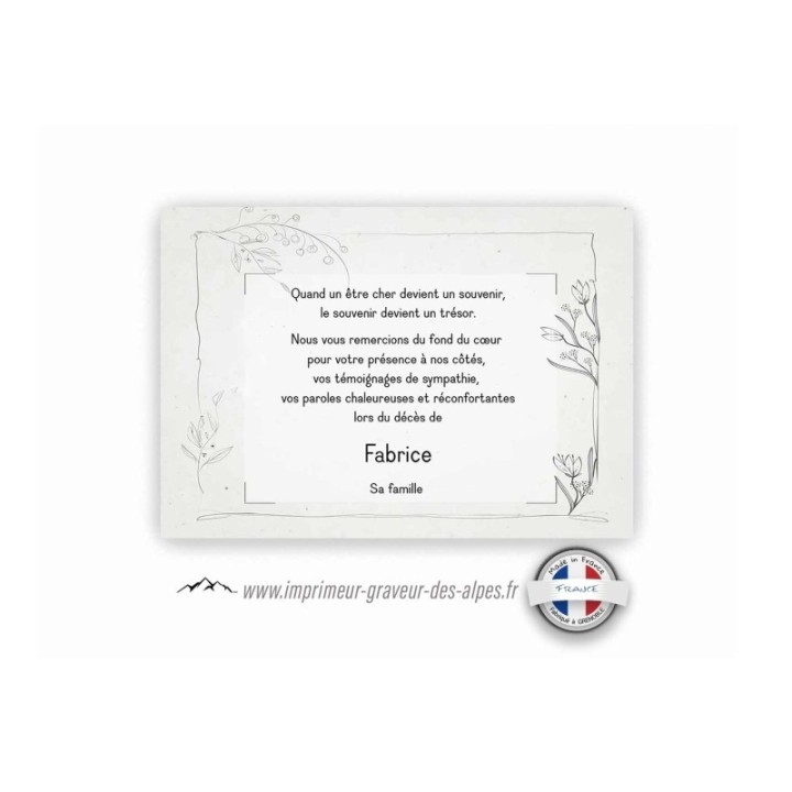 CARTE REMERCIEMENT DECES personnalisée fleur MALLYS pour CONDOLEANCES, www.imprimeur-graveur-des-alpes.fr