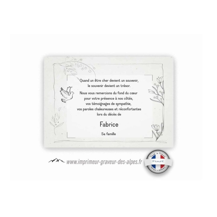 CARTE funeraire, personnalisée fleur MALLYS colombe de la paix, www.imprimeur-graveur-des-alpes.fr