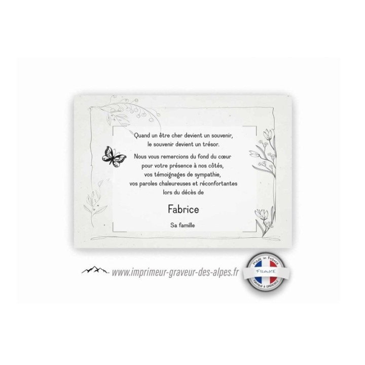 faire part de deuil, personnalisée fleur MALLYS, papillon, www.imprimeur-graveur-des-alpes.fr
