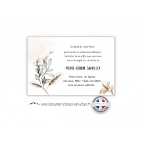 Carte remerciements décès  moderne  design branche de feuilles ocre et de blé, www.imprimeur-graveur-des-alpes.fr