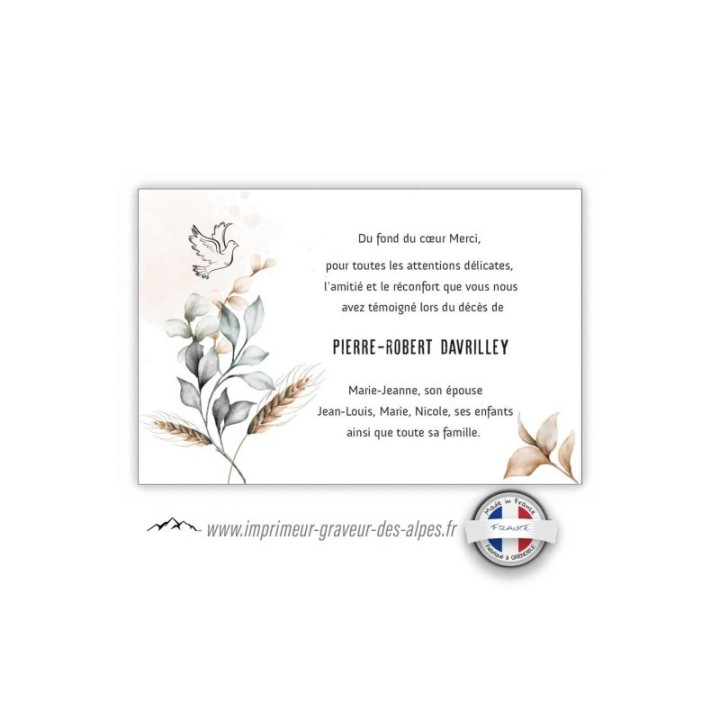 remerciements funeraire, colombe moderne branche feuillage ocre et de blé, www.imprimeur-graveur-des-alpes.fr
