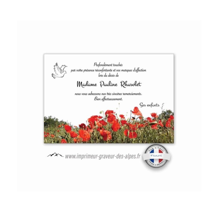 carte funeraire suite décès,  champs de coquelicots sauvages et colombe www.imprimeur-graveur-des-alpes.fr