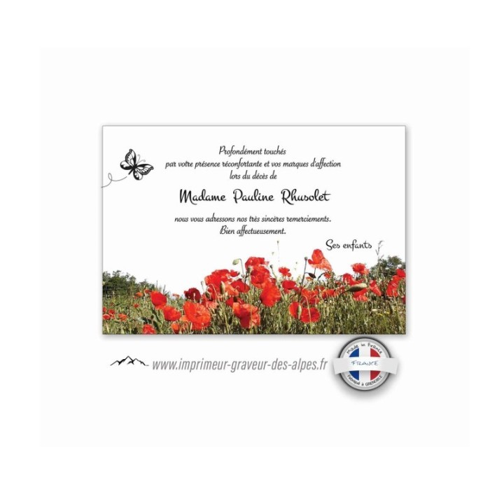 remerciement suite deuil,  champs de coquelicots sauvages et joli papillon www.imprimeur-graveur-des-alpes.fr