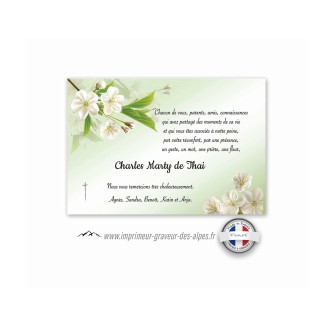 carte condoléances personnalisee florale émeraude, fleurs blanches, et croix catholique, www.imprimeur-graveur-des-alpes.fr