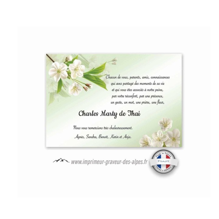 carte remerciements décès,  florale émeraude, fleurs blanches, et croix catholique, www.imprimeur-graveur-des-alpes.fr