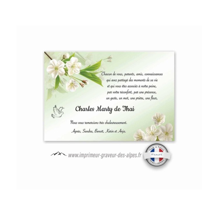 carte DEUIL personnalisee florale émeraude, fleurs blanches, et JOLIE COLOMBE,  www.imprimeur-graveur-des-alpes.fr
