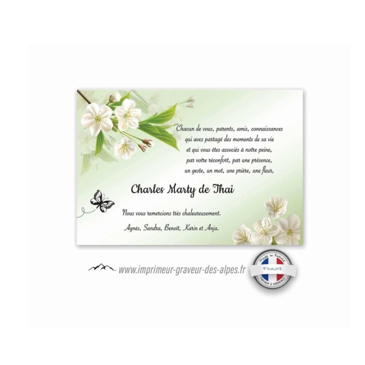 carte funéraire personnalisee florale émeraude, fleurs blanches, et JOLIE papillon,  www.imprimeur-graveur-des-alpes.fr