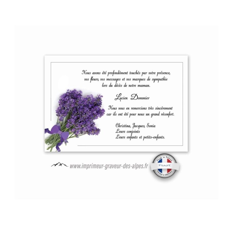 carte remerciements décès, bouquet de lavande, www.imprimeur-graveur-des-alpes.fr