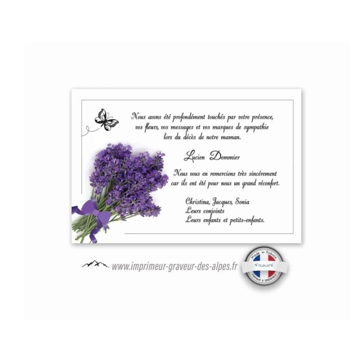 carte funéraire, personnalisée bouquet de  fleur lavande, et jolie papillon www.imprimeur-graveur-des-alpes.fr