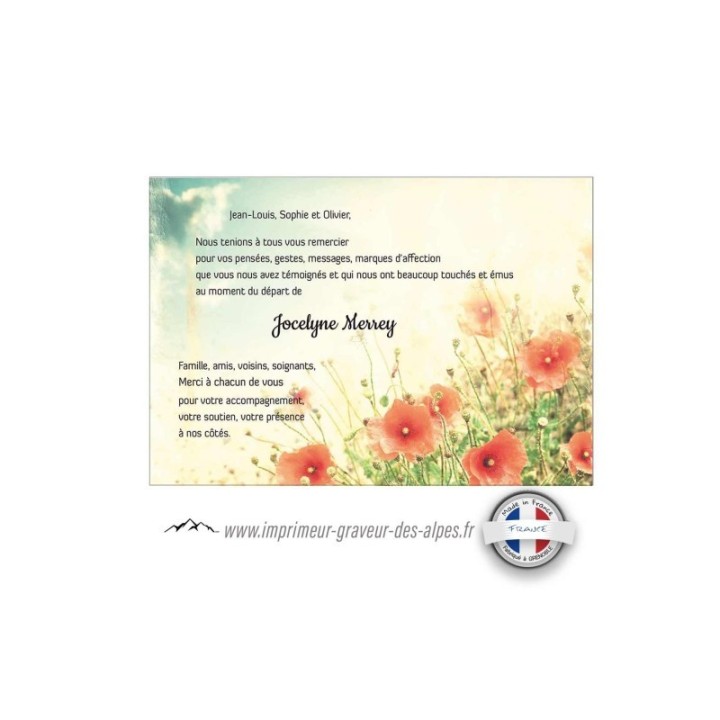 carte remerciements décès, Champs de coquelicots, www.imprimeur-graveur-des-alpes.fr
