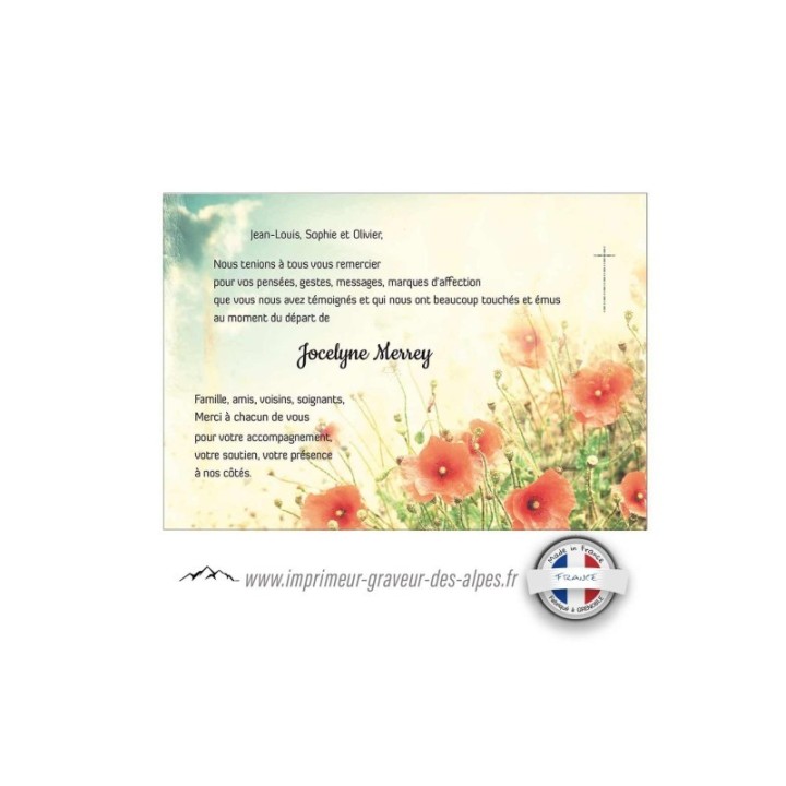 carte condoléances suite décès, Champs de coquelicots, et croix catholique, www.imprimeur-graveur-des-alpes.fr
