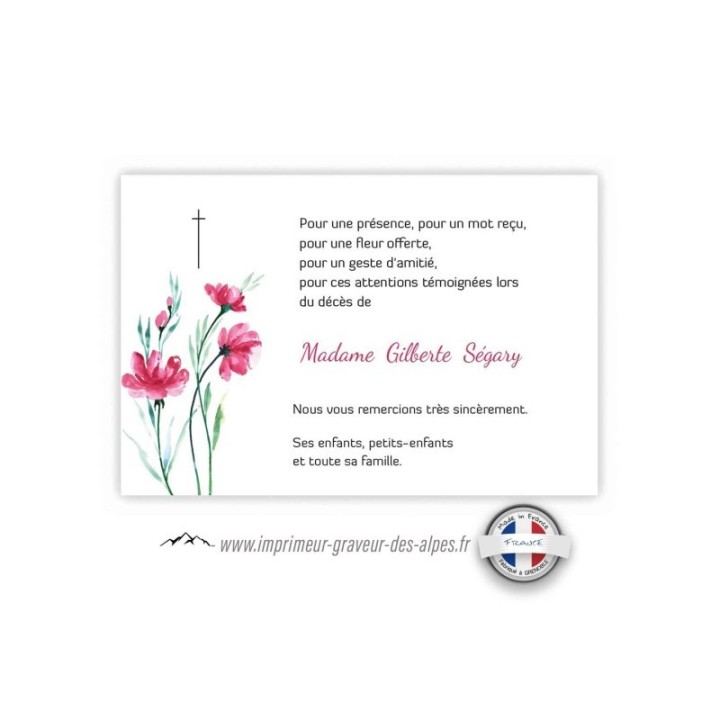 CARTE condoleance personnalisee FLEUR CYRACCUS, et croix catholique  www.imprimeur-graveur-des-alpes.fr