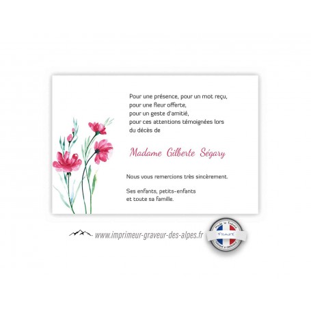 CARTE REMERCIEMENTS DECES  JOLIE FLEUR CYRACCUS, www.imprimeur-graveur-des-alpes.fr