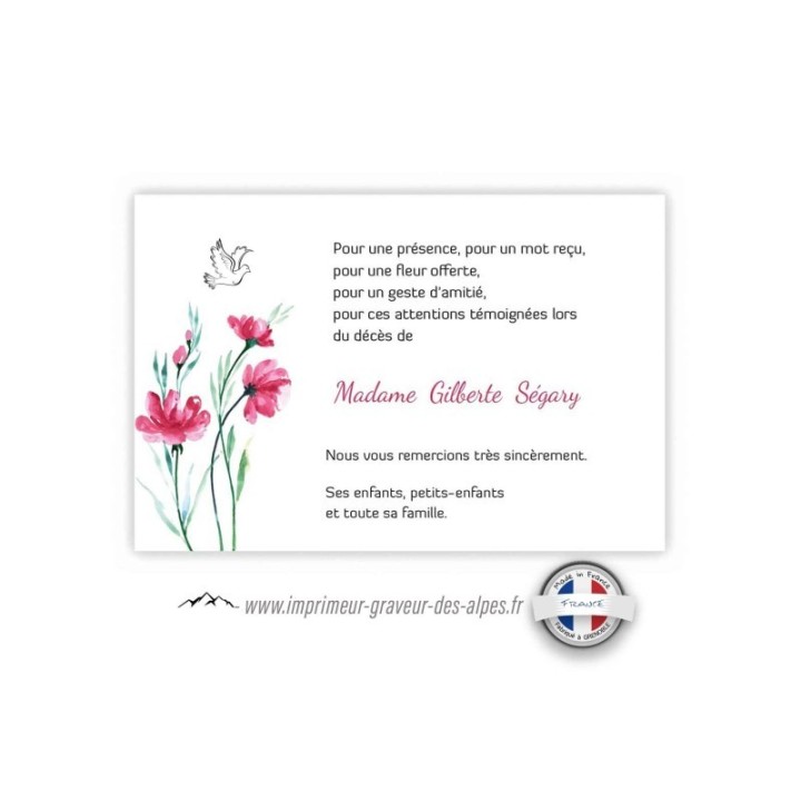 CARTE deuil personnalisee FLEUR CYRACCUS, une colombe www.imprimeur-graveur-des-alpes.fr