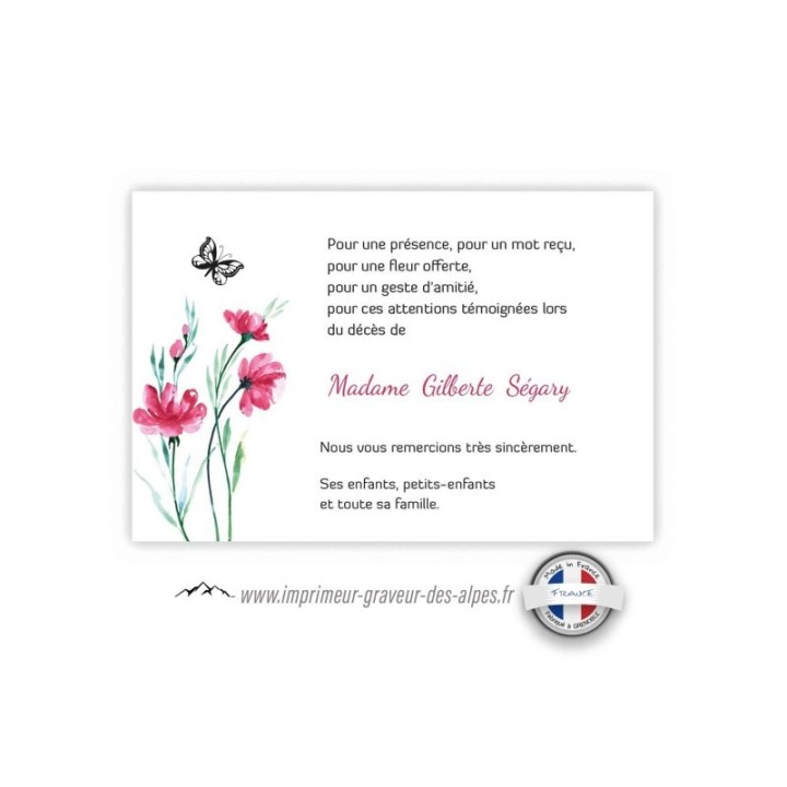 CARTE funéraire personnalisée FLEUR CYRACCUS, beau papillon, www.imprimeur-graveur-des-alpes.fr