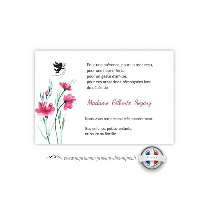 remerciement suite décès personnalisée FLEUR CYRACCUS, beau papillon, www.imprimeur-graveur-des-alpes.fr