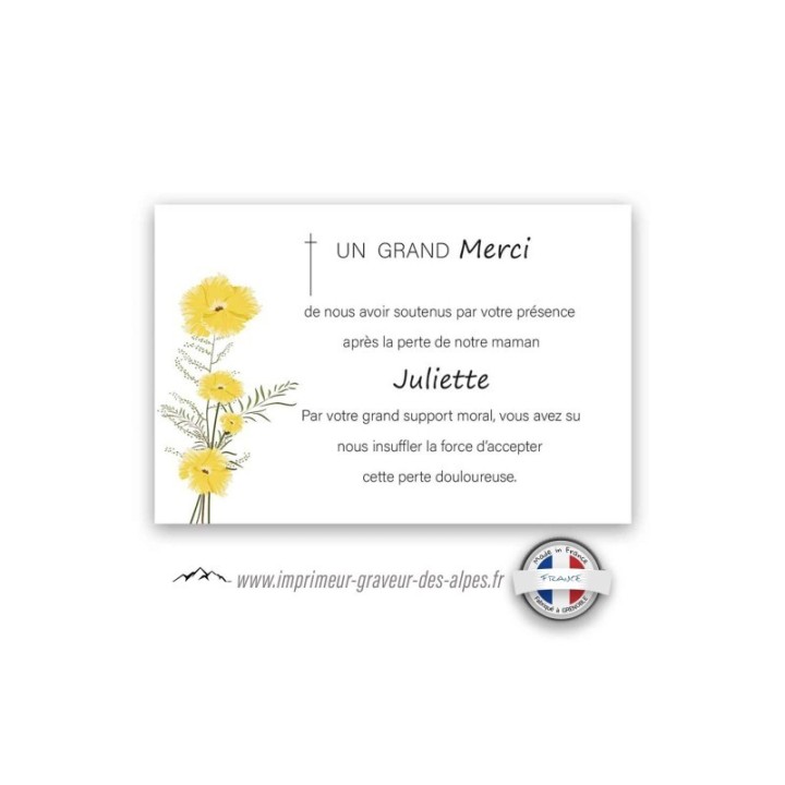 Carte condoléance personnalisée fleurs jaunes cerfeuil solaire et croix catholique, www.imprimeur-graveur-des-alpes.fr