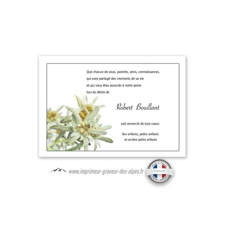 remerciements suite deces et condoléances personnalisée Edelweiss, fleur de nos montagnes, www.imprimeur-graveur-des-alpes.fr
