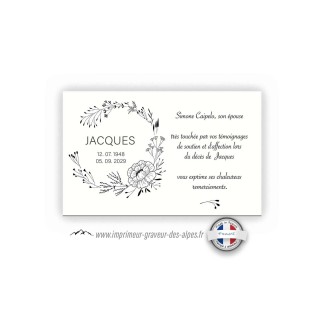carte remerciements décès floralies belle Couronne fleurs noir et blanc, www.imprimeur-graveur-des-alpes.fr