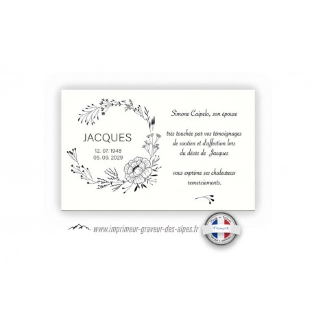 carte remerciements décès floralies belle Couronne fleurs noir et blanc, www.imprimeur-graveur-des-alpes.fr