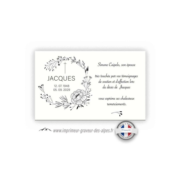 carte condoleances personnalisee, Couronne fleurs noir et blanc, www.imprimeur-graveur-des-alpes.fr