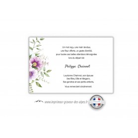 Carte remerciements décès bouquet de fleurs artistiques Violine irise et vert nature, www.imprimeur-graveur-des-alpes.fr