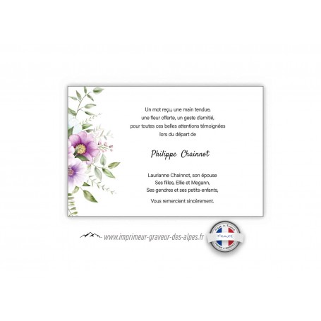 Carte remerciements décès bouquet de fleurs artistiques Violine irise et vert nature, www.imprimeur-graveur-des-alpes.fr
