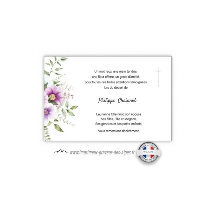Carte condoleances personnalisee bouquet de fleurs Violine et croix catholique nature, www.imprimeur-graveur-des-alpes.fr