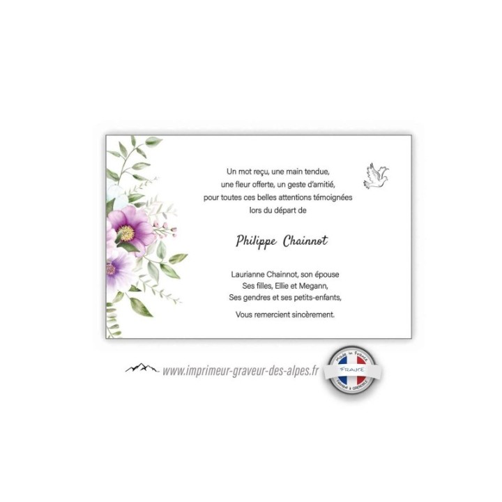 faire part de condoleances personnalisee bouquet de fleurs Violine et bel ange, www.imprimeur-graveur-des-alpes.fr