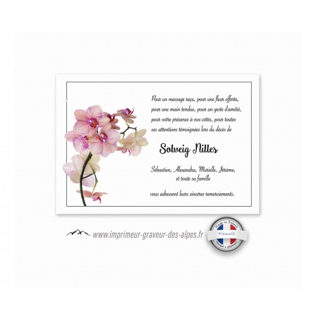 carte remerciement deces branche orchidée rose poudre, www.imprimeur-graveur-des-alpes.fr