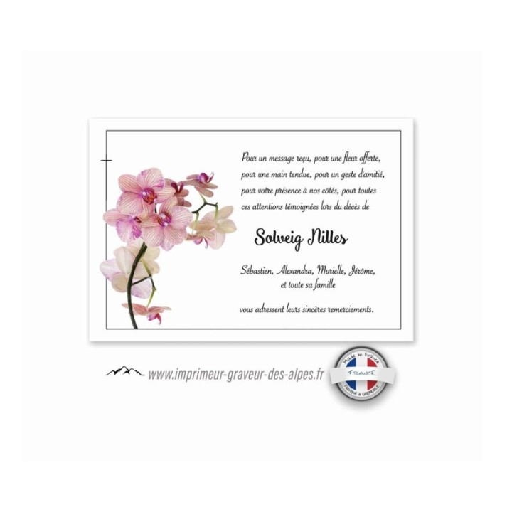carte condoleances personnalisee, branche orchidée rose poudre, et croix catholique www.imprimeur-graveur-des-alpes.fr