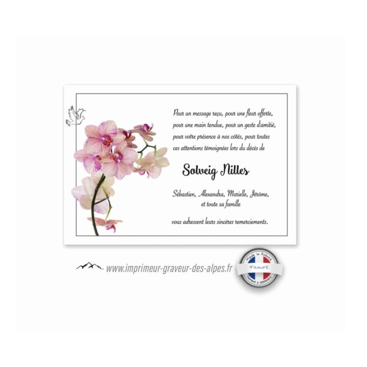 faire part deuil, personnalise, branche orchidée rose poudre, et papillon www.imprimeur-graveur-des-alpes.fr