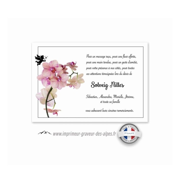 remerciement suite deces, branche orchidée rose poudre, et un bel ange, www.imprimeur-graveur-des-alpes.fr