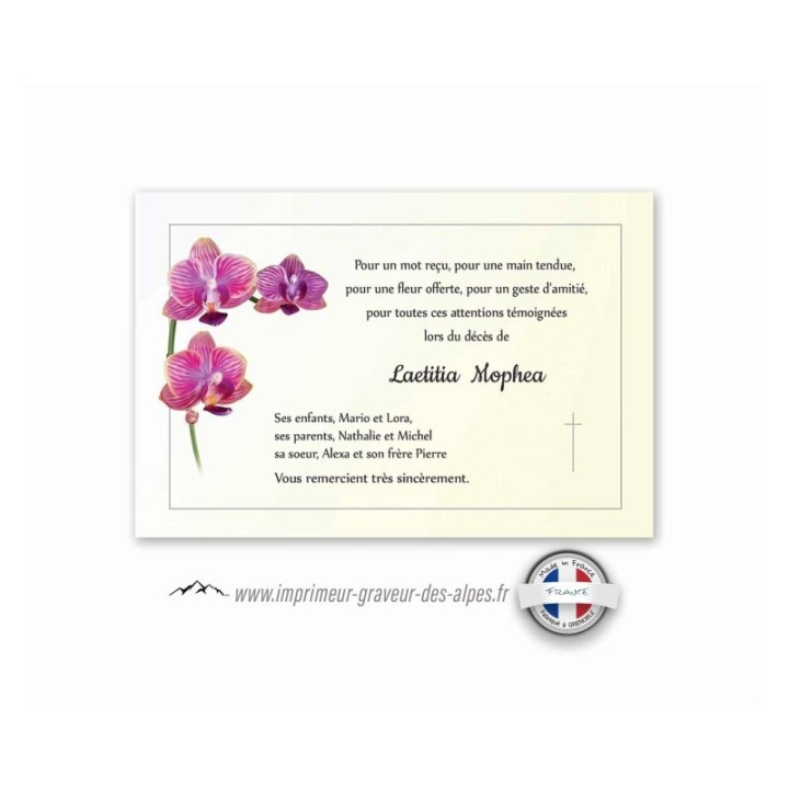 carte remerciement décès personnalisee  fleur orchidées roses, www.imprimeur-graveur-des-alpes.fr
