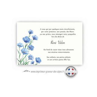 CARTE REMERCIEMENT DECES personnalisee  FLEURS MYOSOTIS bleue, www.imprimeur-graveur-des-alpes.fr
