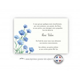 CARTE REMERCIEMENT DECES personnalisee  FLEURS MYOSOTIS bleue, www.imprimeur-graveur-des-alpes.fr