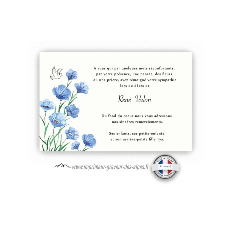 CARTE DECES suite deuil, personnalisee FLEURS MYOSOTIS bleue, et colombe, www.imprimeur-graveur-des-alpes.fr