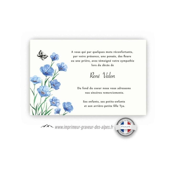 CARTE condoleance suite deuil, personnalisee FLEURS MYOSOTIS bleue, et papillon, www.imprimeur-graveur-des-alpes.fr