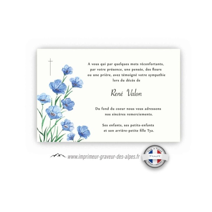 remerciements suite deces, personnalisee FLEURS MYOSOTIS bleue, et croix catholique, www.imprimeur-graveur-des-alpes.fr