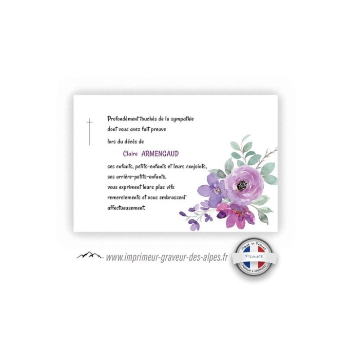 CARTE remerciements DECES, bouquet floral,  fleurs violettes aquarelle, et croix de religion, www.imprimeur-graveur-des-alpes.fr