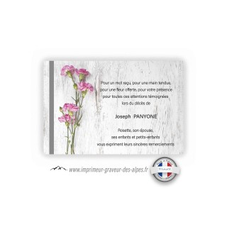 carte remerciement décès personnalisee fleurs œillets roses sur un fond marbre gris,www.imprimeur-graveur-des-alpes.fr